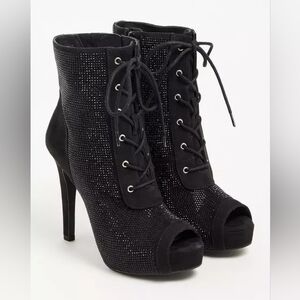 Lace up side zip stiletto rhinestone peep toe Torrid ankle boots